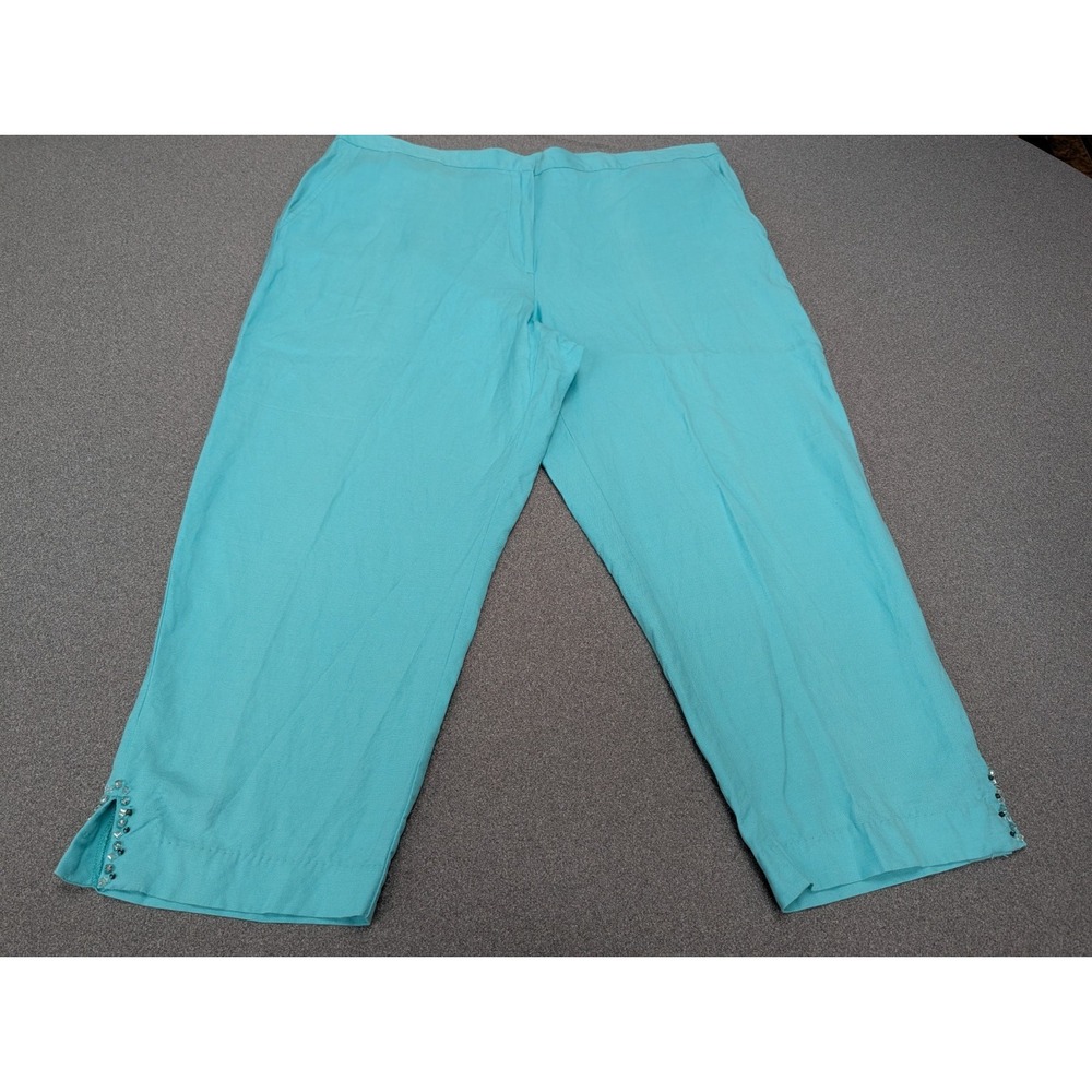 Ruby Rd. Women's Capris Size 18 Linen Blend Aqua Pockets Beaded Hem Beachy